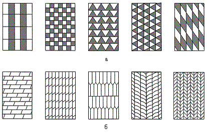 Формы шаблонов для обкроя лоскута (а) и лап (б) и варианты расположения элементов в пластинах 