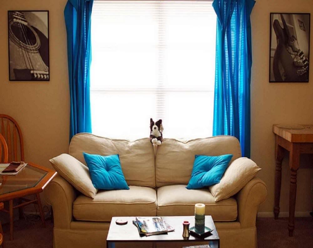 Чтобы яркие занавеси не выглядели одиноким пятном, уравновесьте композицию синими диванными подушками. Свежо, ярко и стильно