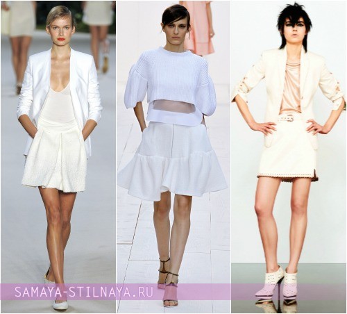 Как носить белую юбку летом 2013, на фото модели Akris, Chloe и Versace