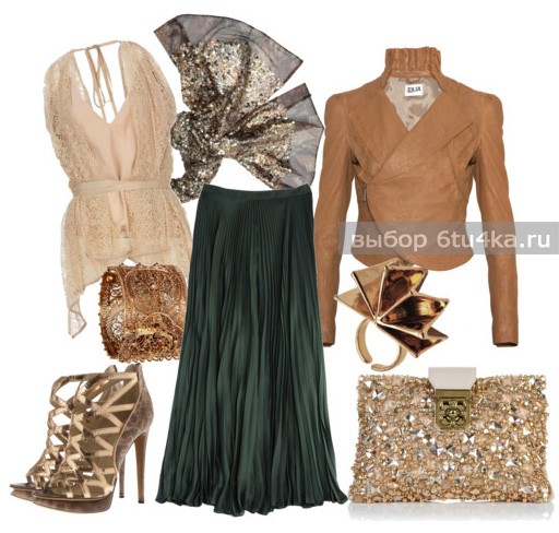 Шикарный вечерний комплект из бархатной длинной юбки, дополненный золотыми украшениями