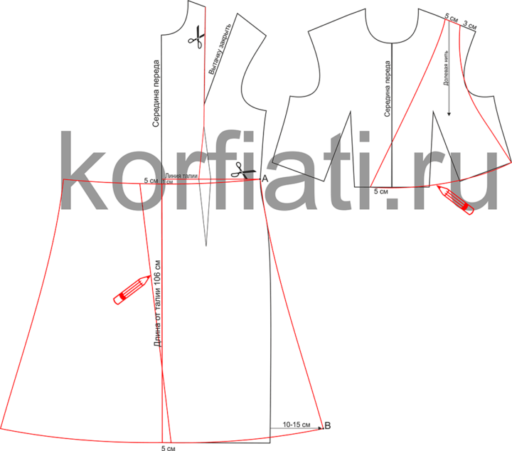 Выкройка платья с V-образным вырезом - моделирование переда