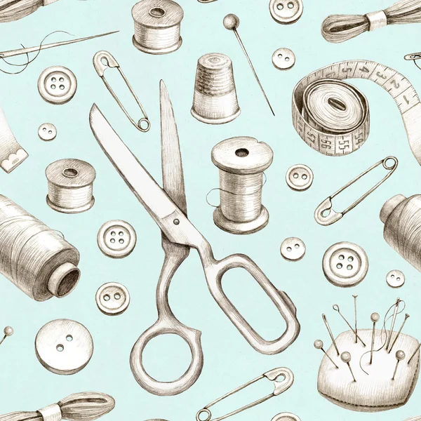Бесшовный фон с иллюстрациями швейные инструменты — стоковое фото