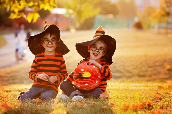 Два мальчика в парке с Хэллоуин костюмы — стоковое фото
