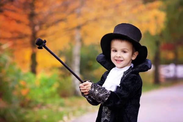 Милый мальчик в парке, носить маг костюм для Хэллоуина — стоковое фото