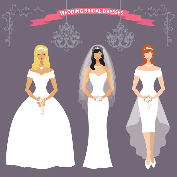 Три невесты в длинных подвенечных платьях — стоковое фото