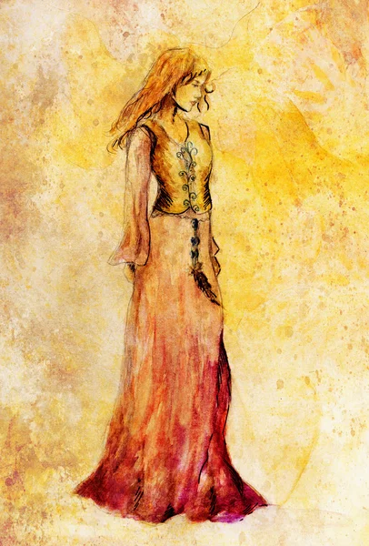 Очерк о мистических женщина в красивых декоративных платье вдохновлен среднего возраста дизайн — стоковое фото