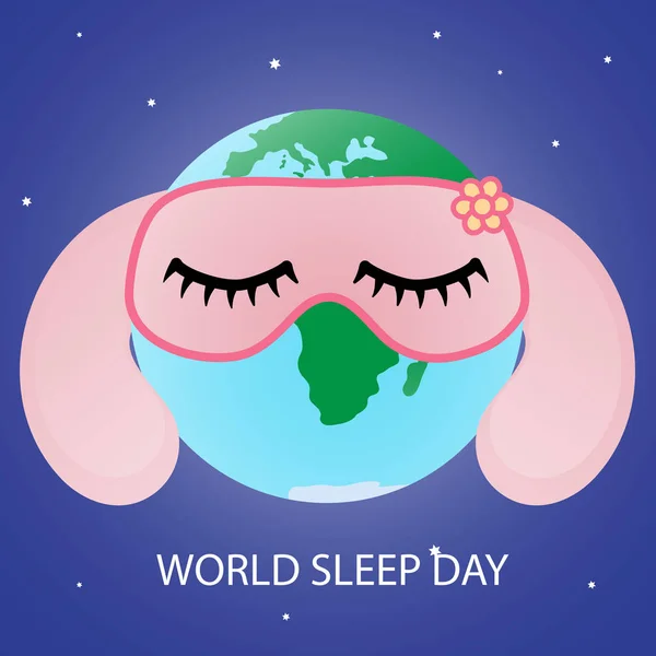 Земля в розовой маска для сна с подушкой для сна на фоне звезд и космос. Плакат на Всемирный день сна. Векторная иллюстрация — стоковый вектор