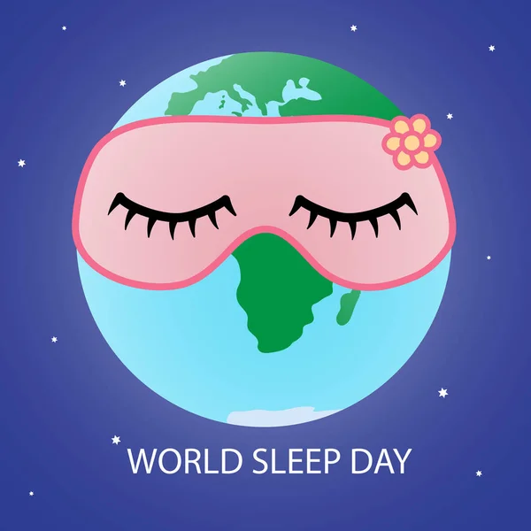 Земля в розовой маска для сна на фоне звезд и космос. Плакат на Всемирный день сна. Векторная иллюстрация — стоковый вектор